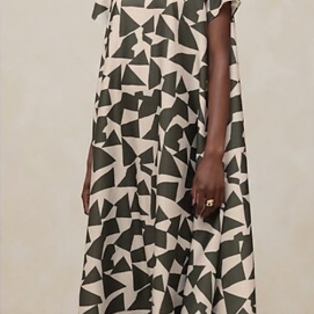 Banana Republic Aurelia Crepe Maxi Dress Olive Cream Geometric Size S NWT